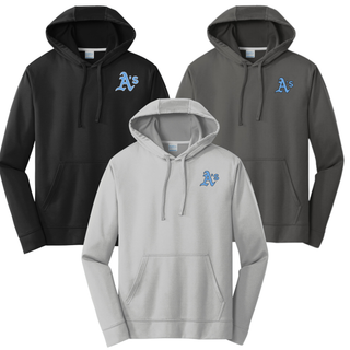 Black Prime Athletics Baseball A's Pocket Performance Fleece Hoodie with light blue A's lettering on the left chest and a customizable NAME/00 print on the back