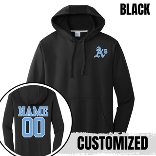 Charcoal Prime Athletics Baseball A's Pocket Performance Fleece Hoodie with light blue A's lettering on the left chest and a customizable NAME/00 print on the back