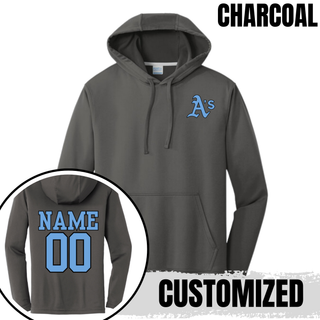 Silver Prime Athletics Baseball A's Pocket Performance Fleece Hoodie with light blue A's lettering on the left chest and a customizable NAME/00 print on the back