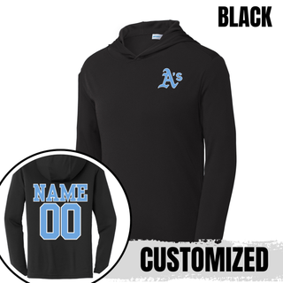 Black Prime Athletics Baseball A's Pocket PosiCharge Competitor Hoodie with light blue A's lettering on the left chest and a customizable NAME/00 print on the back