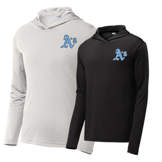 Prime Athletics Baseball A's Pocket PosiCharge Competitor Hoodie color options: Silver and Black, each with the A's left-chest pocket design
