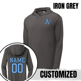 Iron Grey Prime Athletics Baseball A's Pocket PosiCharge Competitor Hoodie with light blue A's lettering on the left chest and a customizable NAME/00 print on the back
