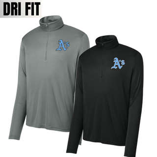 Prime Athletics Baseball A's Pocket PosiCharge Quarter-Zip in Grey Concrete and Black with left-chest A's pocket design