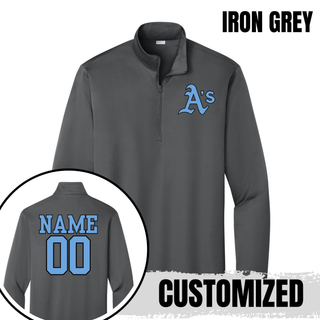 Prime Athletics Baseball A's Pocket PosiCharge Quarter-Zip in Iron Grey with left-chest A's lettering and customizable back name and number