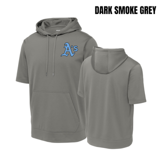Dark Smoke Grey Prime Athletics Baseball A's Pocket Short Sleeve Hooded Pullover with light blue A's logo on the left chest, front and back view