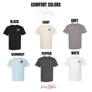 Prime Athletics Baseball A's Pocket Top Bella Canvas color options: Ash, Athletic Heather, Black, Heather Dust, Carolina Blue, White