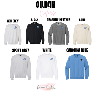 Prime Athletics Baseball A's Pocket Top Gildan color options: Ash Grey, Black, Graphite Heather, Sand, Sport Grey, White, Carolina Blue