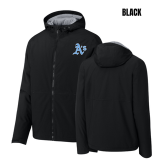 Black Prime Athletics Baseball A's Pocket Waterproof Insulated Jacket with light blue A's logo on the left chest, front and back view