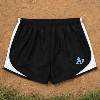 Black Prime Athletics Baseball A's Pocket Women's Cadence Performance Shorts with white trim, folded flat, featuring light blue A's lettering on the lower left leg