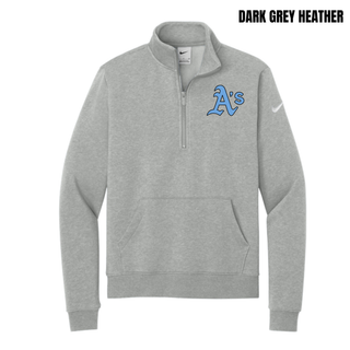 Prime Athletics Baseball A's Pocket Women's Club Fleece Half-Zip in Dark Grey Heather with the A's logo in light blue lettering on the left chest