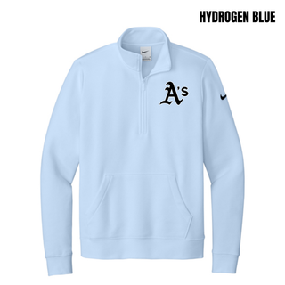 Prime Athletics Baseball A's Pocket Women's Club Fleece Half-Zip in Hydrogen Blue with the A's logo in black lettering on the left chest