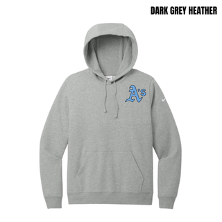 Prime Athletics Baseball A's Pocket Women's Club Fleece Pullover Hoodie in Dark Grey Heather with the A's logo in light blue lettering on the left chest