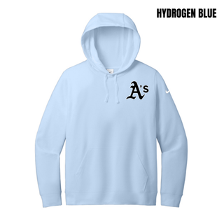 Prime Athletics Baseball A's Pocket Women's Club Fleece Pullover Hoodie in Hydrogen Blue with the A's logo in black lettering on the left chest