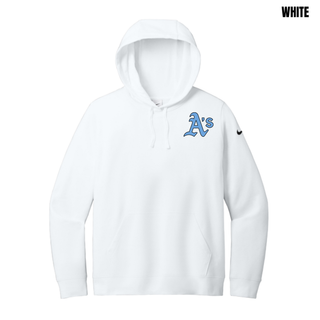 Prime Athletics Baseball A's Pocket Women's Club Fleece Pullover Hoodie in White with the A's logo in light blue lettering on the left chest