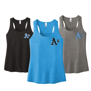 Prime Athletics Baseball A's Pocket Women's Racerback Tank in Black, Heathered Bright Turquoise, and Grey Frost with the A's logo in light blue and black lettering on the left chest