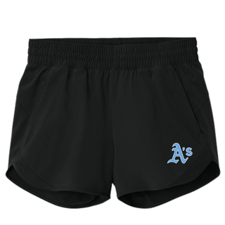 Black Prime Athletics Baseball A's Pocket Women's Repeat Swift Short detail views showing front, back, and the light blue A's lettering on the left leg
