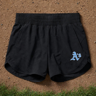 Black Prime Athletics Baseball A's Pocket Women's Repeat Swift Short folded flat with light blue A's lettering on the left leg