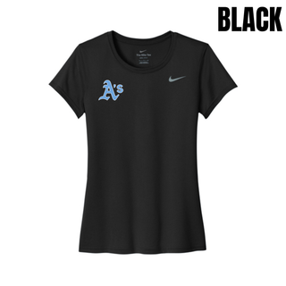 Prime Athletics Baseball A's Pocket women's rLegend tee in Black with the A's logo in light blue lettering on the left chest