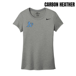 Prime Athletics Baseball A's Pocket women's rLegend tee in Carbon Heather with the A's logo in light blue lettering on the left chest