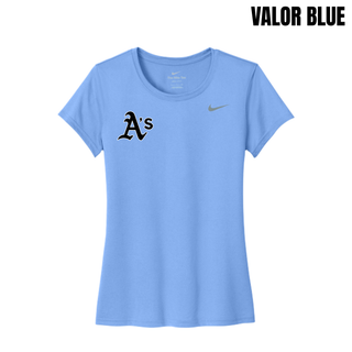 Prime Athletics Baseball A's Pocket women's rLegend tee in Valor Blue with the A's logo in light blue lettering on the left chest