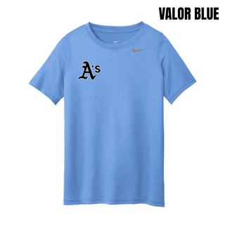Prime Athletics Baseball A's Pocket youth rLegend tee in Valor Blue with the A's logo in black lettering on the left chest