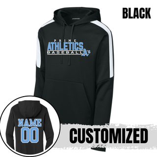 Black Block Logo Fan Favorite Hoodie with white colorblock shoulder panels, back view