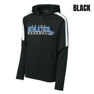 Black Fan Favorite Hoodie with white colorblock shoulder panels and the Prime Athletics Baseball Block Logo A's wordmark on the chest