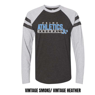 Vintage Smoke and Vintage Heather Prime Athletics Baseball Block Logo Mash Up long sleeve top laid flat, with the PRIME ATHLETICS BASEBALL block wordmark and A's mark on the chest