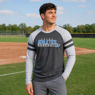 Model wearing Vintage Smoke and Vintage Heather Prime Athletics Baseball Block Logo Mash Up long sleeve top with the PRIME ATHLETICS BASEBALL block wordmark and A's mark on the chest