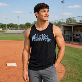 Model wearing a black Prime Athletics Baseball Block Logo Men's PosiCharge Competitor Tank
