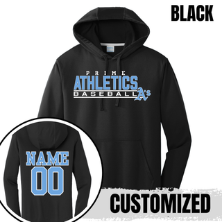 Black Prime Athletics Baseball Block Logo Performance Fleece Hoodie with optional name and number on back