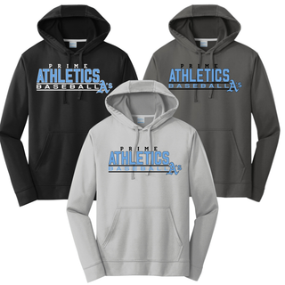 Prime Athletics Baseball Block Logo fleece hoodies in black, charcoal, and silver