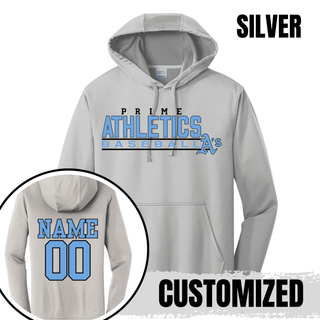 Silver Prime Athletics Baseball Block Logo Performance Fleece Hoodie with optional name and number on back
