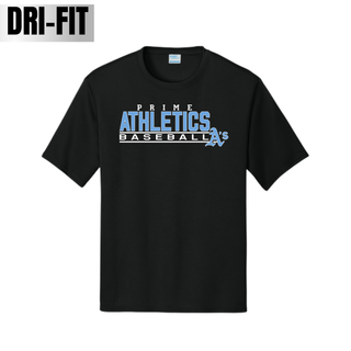 Black Prime Athletics Baseball Block Logo performance top with Carolina Blue, black, and white design