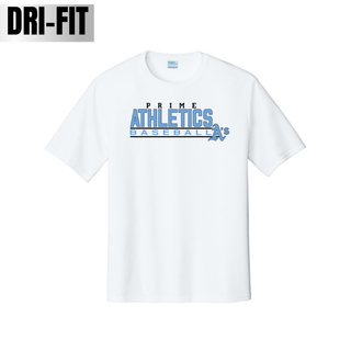 White Prime Athletics Baseball Block Logo performance top with Carolina Blue, black, and white design