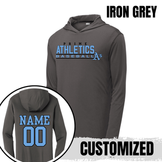 Iron grey PosiCharge Competitor Hoodie with the Block Logo on the chest and customizable Name and 00 on the back