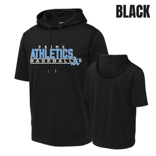 Black short sleeve hooded pullover with the Prime Athletics Baseball Block Logo A's wordmark on the chest, front and back