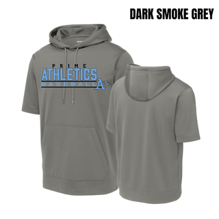 Dark smoke grey short sleeve hooded pullover with the Prime Athletics Baseball Block Logo A's wordmark on the chest, front and back