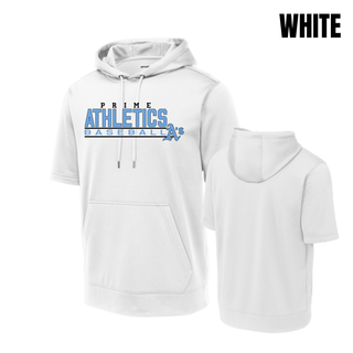 White short sleeve hooded pullover with the Prime Athletics Baseball Block Logo A's wordmark on the chest, front and back