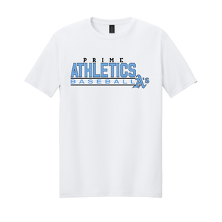 White Prime Athletics Baseball Block Logo short sleeve tee with Carolina Blue, black, and white design