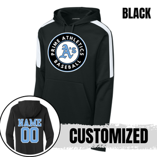 Black Prime Athletics Baseball Circle Logo Fan Favorite Hoodie with the circular Prime Athletics A's Baseball logo on the chest and a customizable NAME/00 print on the back