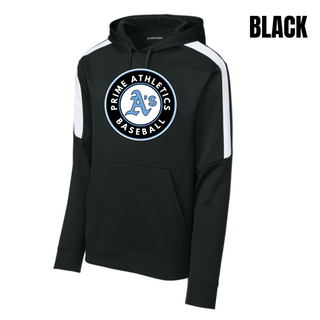 Black Prime Athletics Baseball Circle Logo Fan Favorite Hoodie with contrasting white shoulder panels and the round team badge centered on the chest