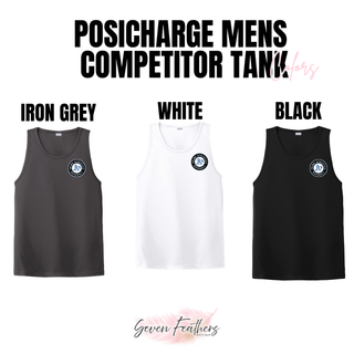 Prime Athletics Baseball Circle Logo Men's PosiCharge Competitor Tank shown in Iron Grey, White, and Black with the circular Prime Athletics A's Baseball logo on the chest