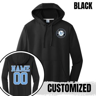 Black Prime Athletics Baseball Circle Logo Performance Fleece Hoodie with the black, white, and light blue circle badge on the left chest and a customizable NAME/00 print on the back