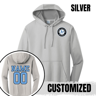 Silver Prime Athletics Baseball Circle Logo Performance Fleece Hoodie with the black, white, and light blue circle badge on the left chest and a customizable NAME/00 print on the back