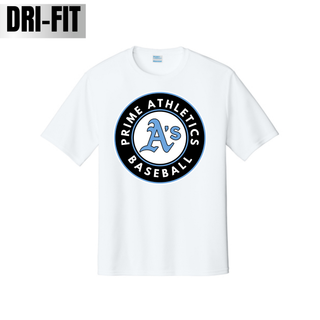 White Prime Athletics Baseball Circle Logo Performance Top (Dri-Fit) with the circle logo centered on the chest