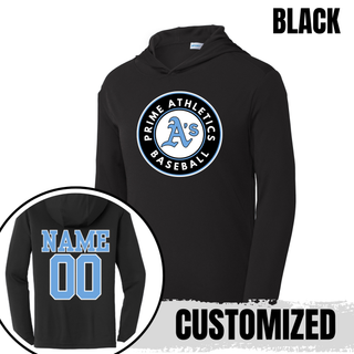 Black Prime Athletics Baseball Circle Logo PosiCharge Competitor Hoodie with the circular Prime Athletics A's Baseball logo on the chest and a customizable NAME/00 print on the back