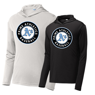 White and black Prime Athletics Baseball Circle Logo PosiCharge Competitor Hoodie pullovers with the circular Prime Athletics A's Baseball logo on the chest