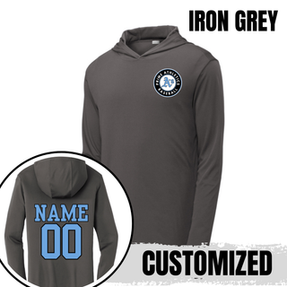 Iron Grey Prime Athletics Baseball Circle Logo PosiCharge Competitor Hoodie with the circular Prime Athletics A's Baseball logo on the left chest and a customizable NAME/00 print on the back