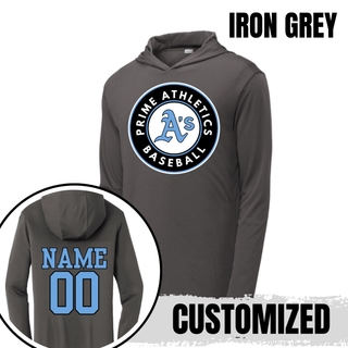 Iron Grey Prime Athletics Baseball Circle Logo PosiCharge Competitor Hoodie with the circular Prime Athletics A's Baseball logo on the chest and a customizable NAME/00 print on the back